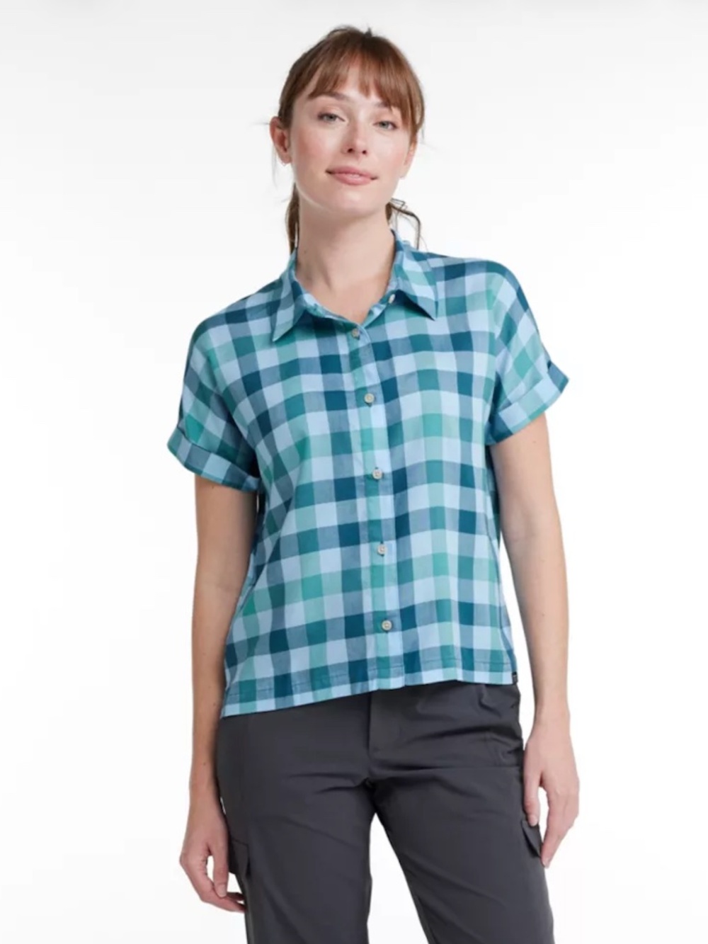 LLBean Women’s Mountainside Shirt 1X Blue Green Plaid Button Hiking Granola EUC